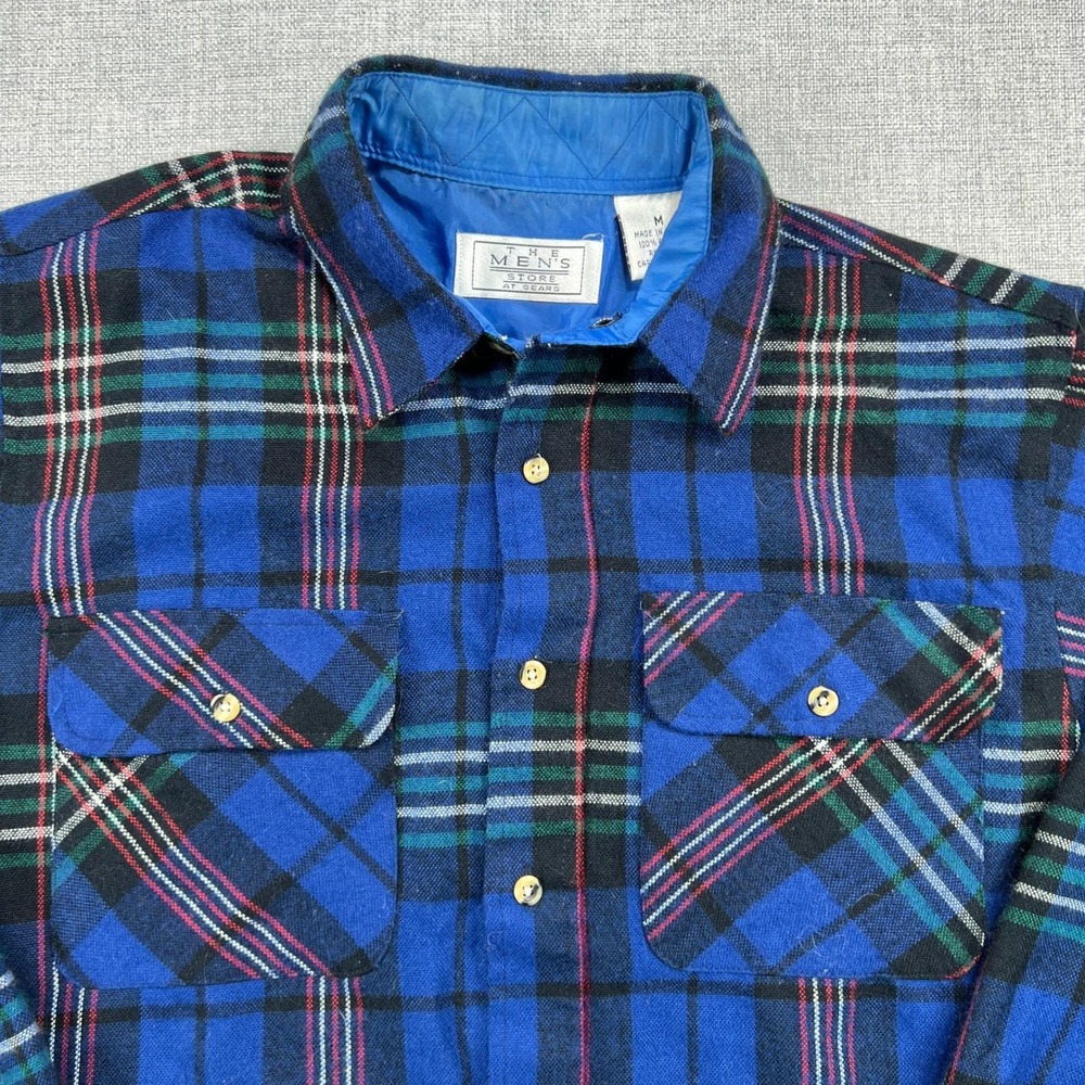 Vintage 80s Mens Store At Sears Flannel Shirt Medium Blue Plaid Acrylic Retro